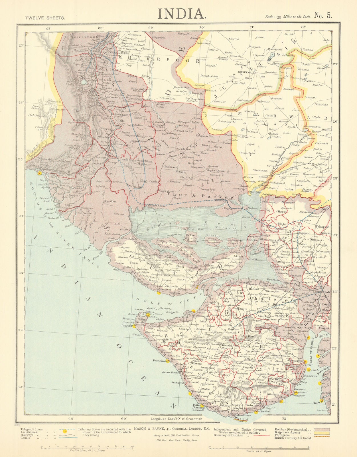 NW INDIA & S PAKISTAN. Sindh Gujarat Karachi Hyderabad. Railways. LETTS 1892 map